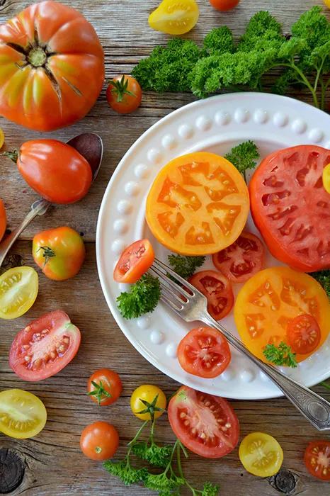 다양핵 색상의 토마토가 알록달록 반으로 잘린 단면이 예쁘게 셋팅되어 있는 모습