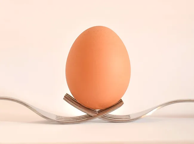 포크 위에 계란 하나 올라가 있는 모습