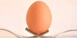 포크 위에 계란 하나 올라가 있는 모습